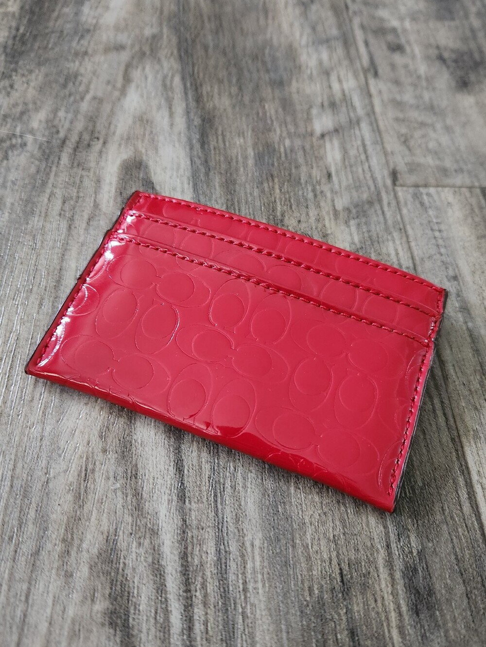 Coach Slim Patent Leather Cherry Red Card Case Wallet Signature C